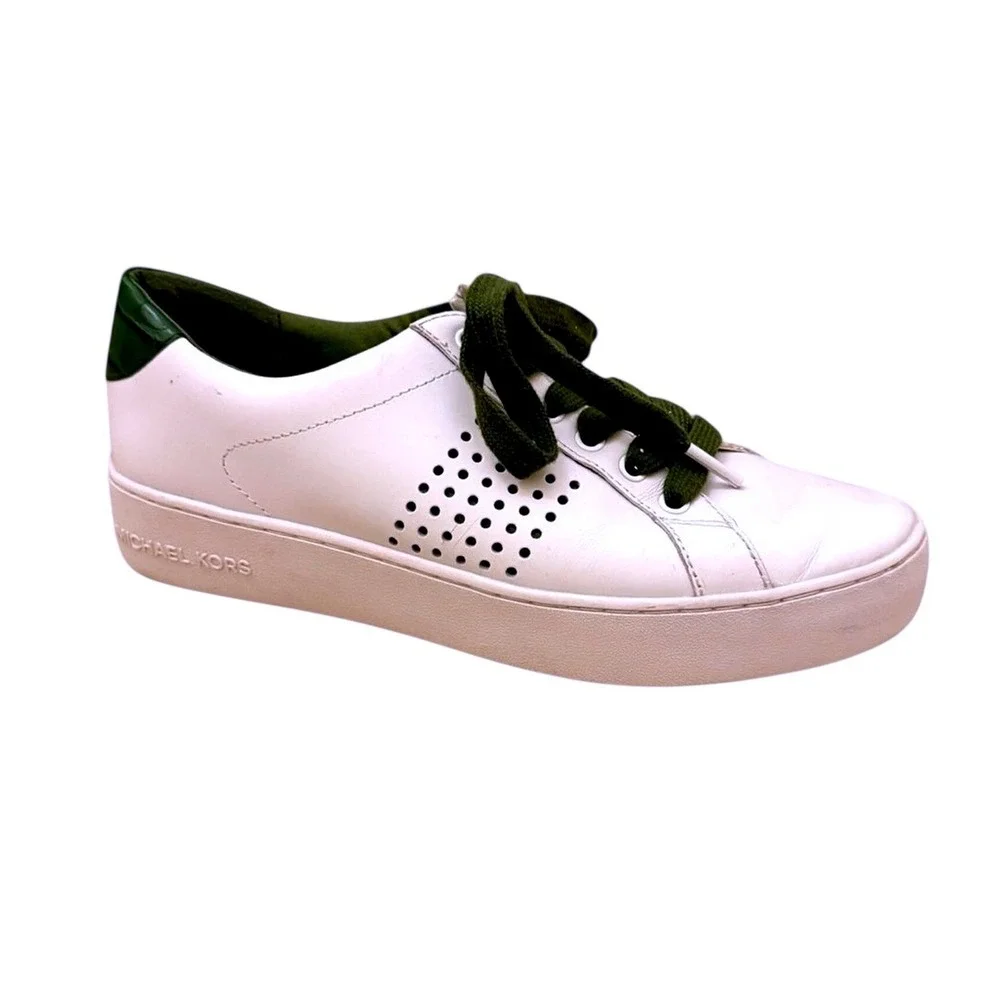 Michael Kors White Leather Low Top Sneakers Green Croc Trim Perforated Womens 8M